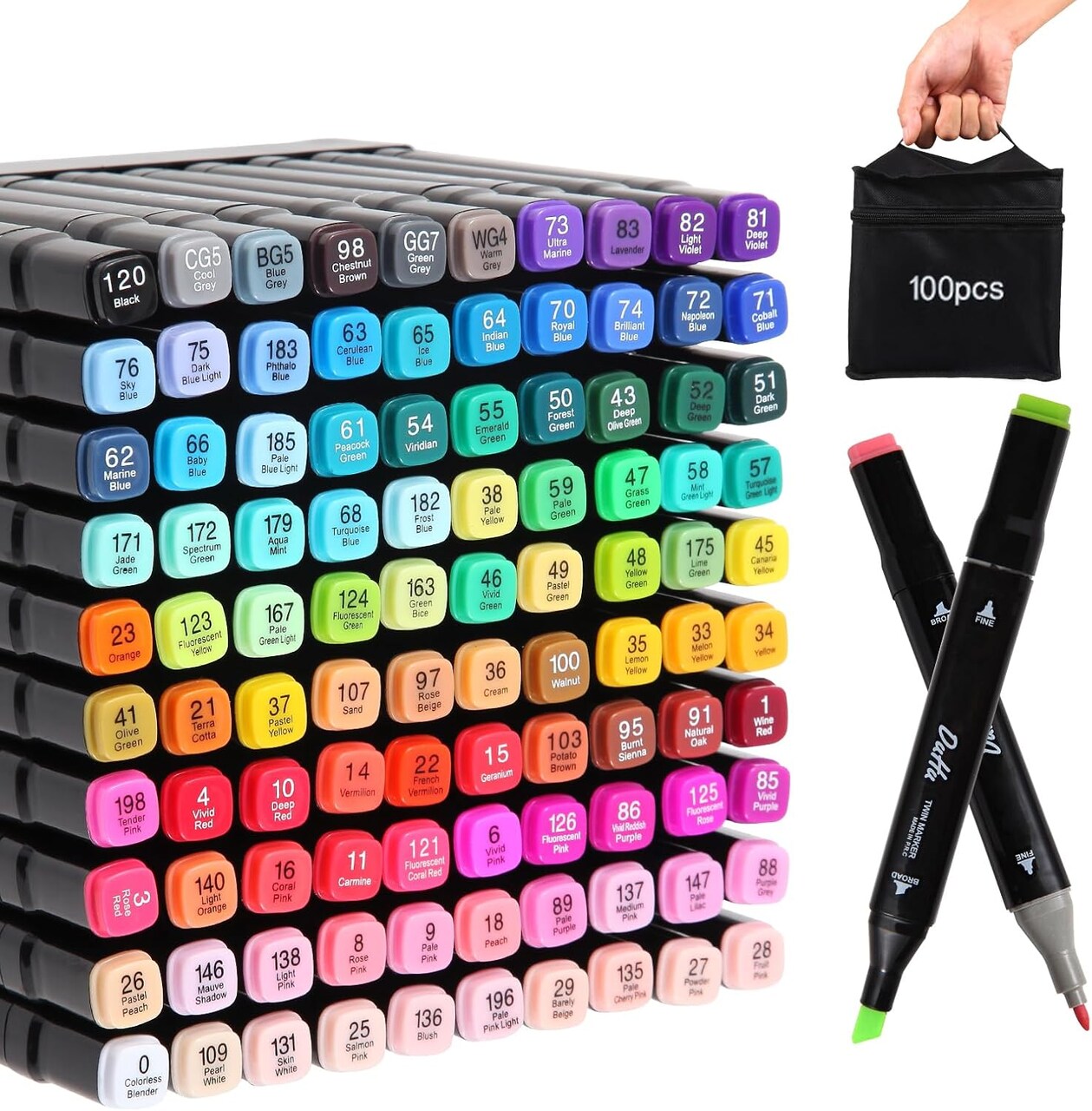100-Color Dual-Tip Alcohol Marker Set – Blender Art Markers for Sketching, Coloring & Drawing